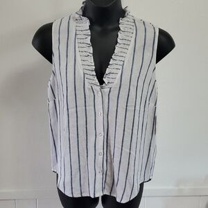 New Ellen Tracy Women Medium Blue White Striped Ruffle V-neck Button Up Blouse